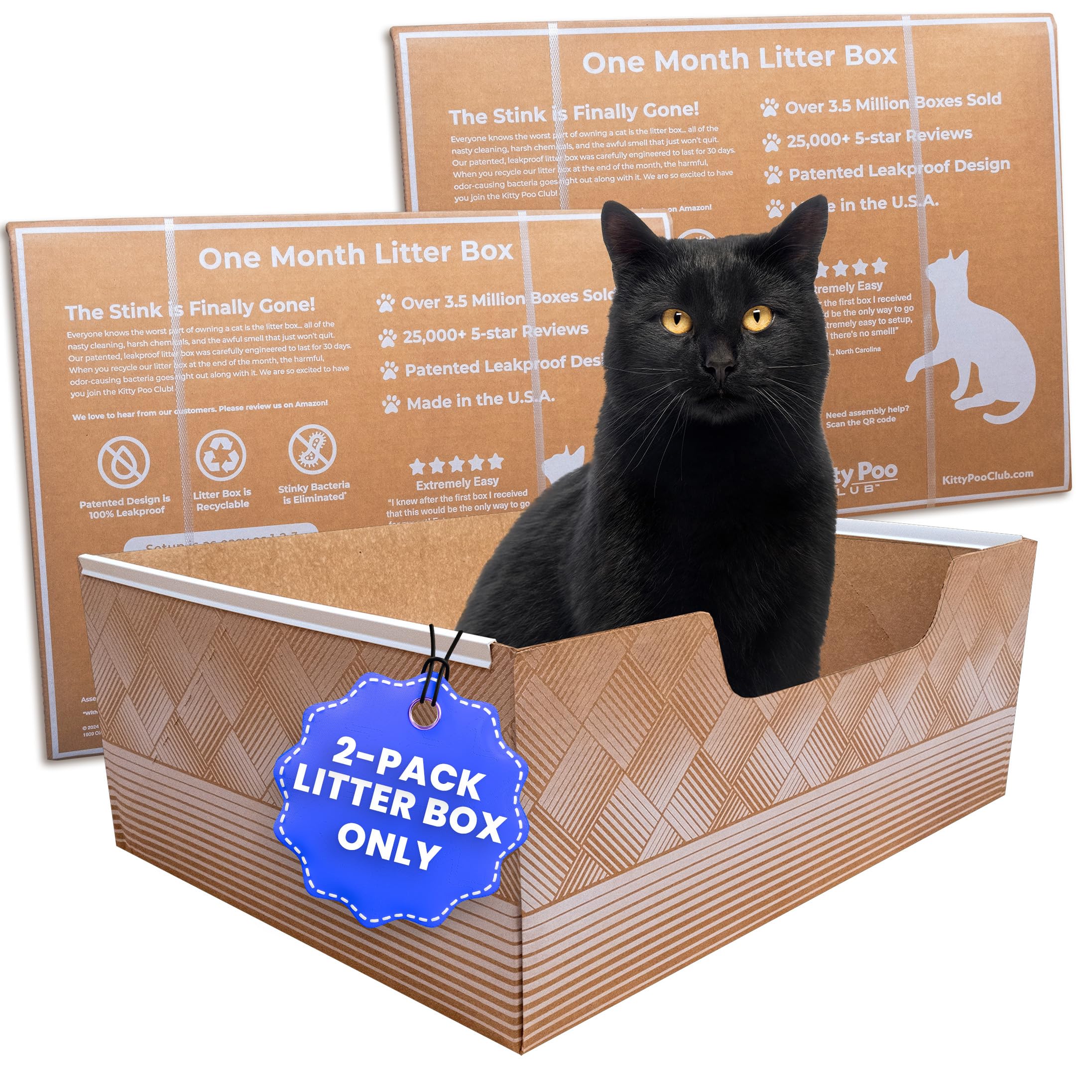 Kitty Poo Club packaging avant montrant l'ensemble pratique et bénéfices de simplicité