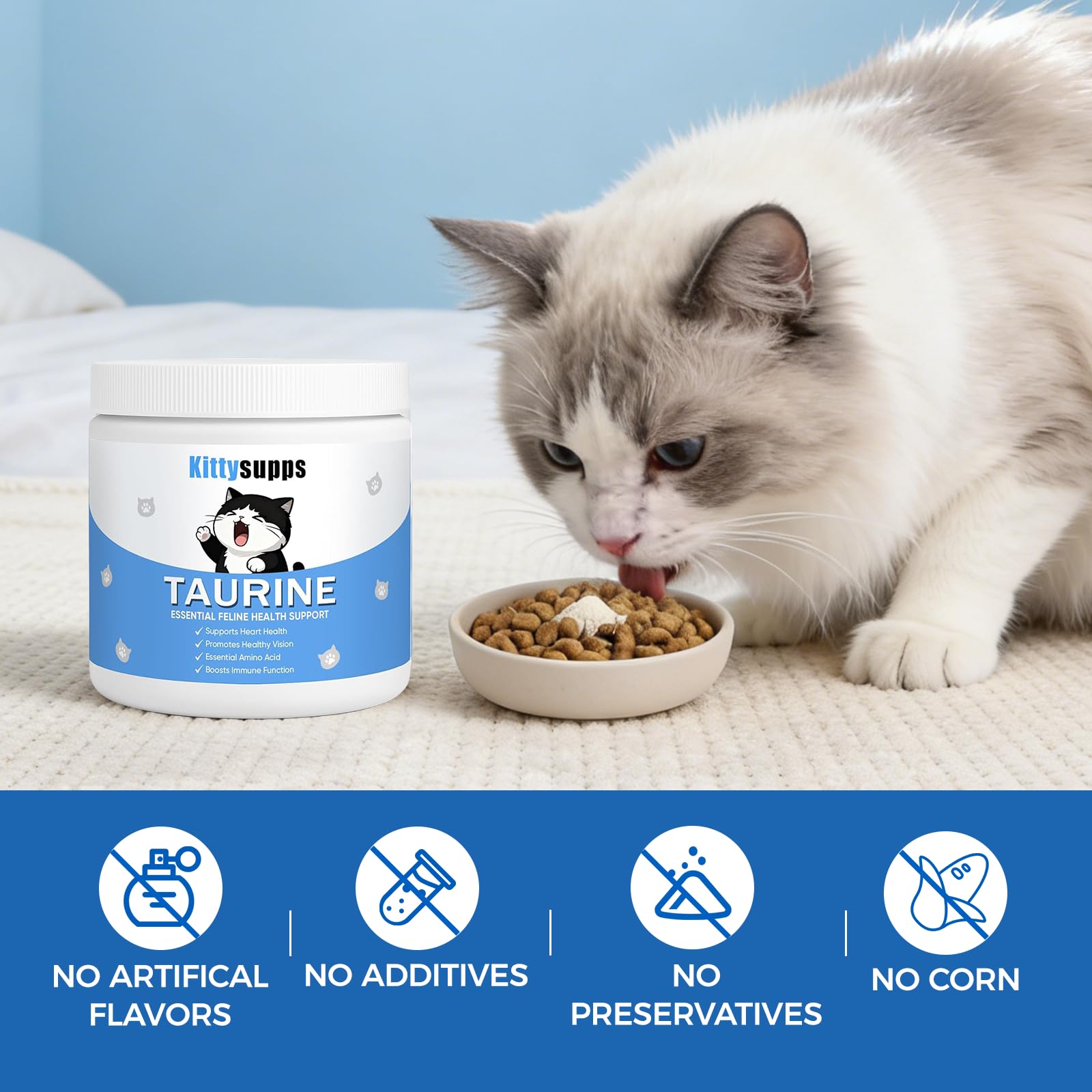 Kittysupps produit posé près d'un chat en train de manger pour usage quotidien
