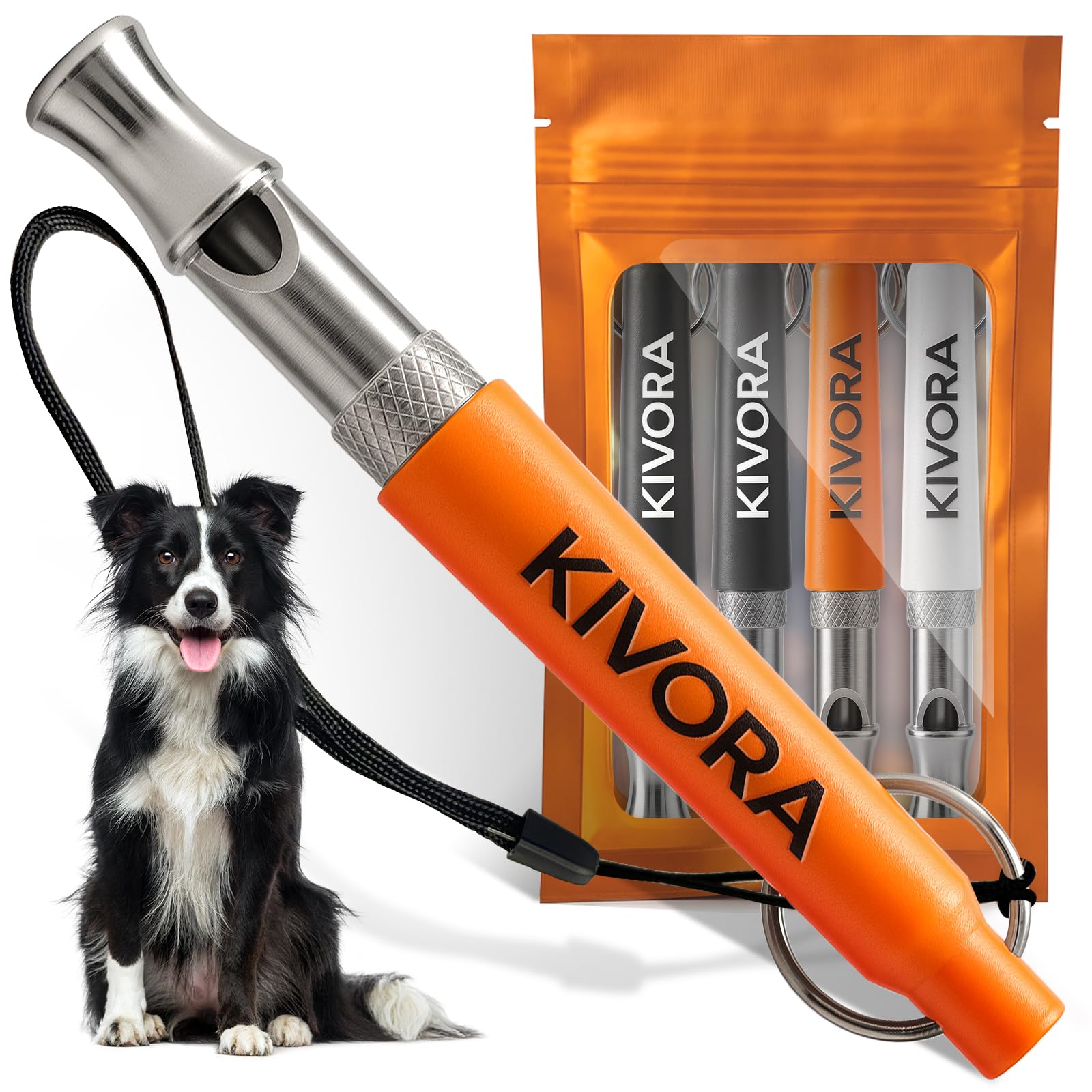 KIVORA pack de quatre sifflets en acier 304 montrant les différentes couleurs et lanières réfléchissantes