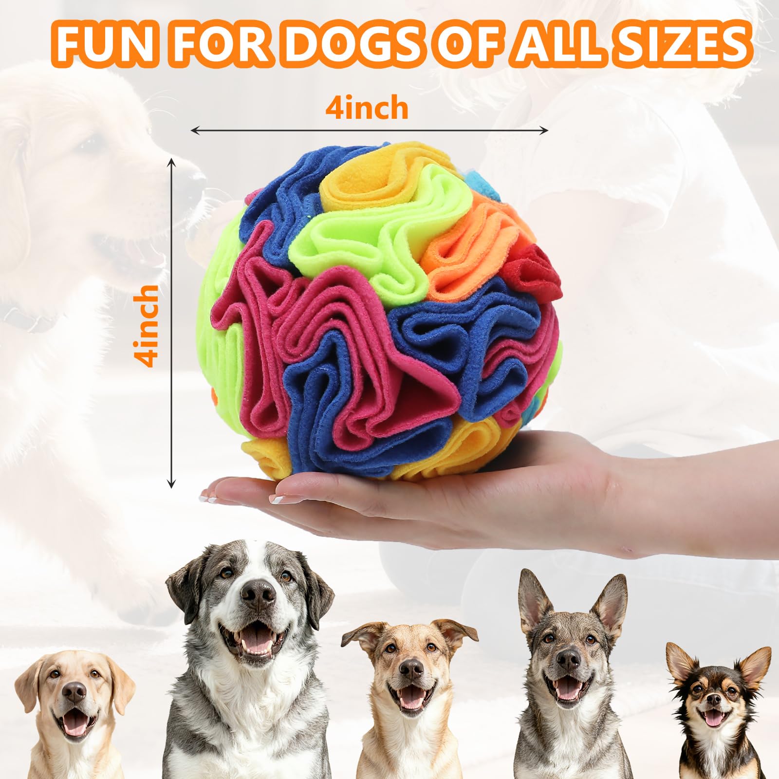 kmirepa Snuffle Ball à côté d’une règle pour montrer la taille compacte d’environ 10 cm