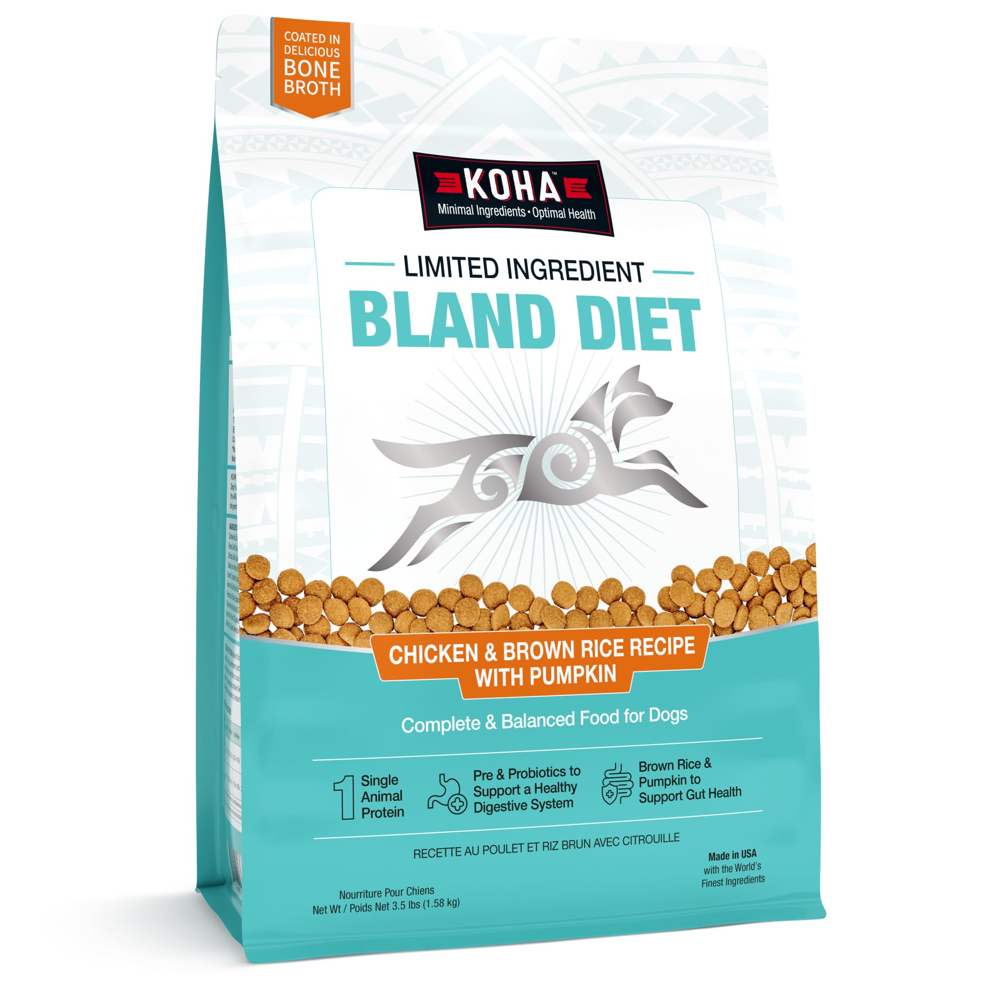 Emballage KOHA Bland Diet poulet et riz brun mettant en avant ingrédients simples