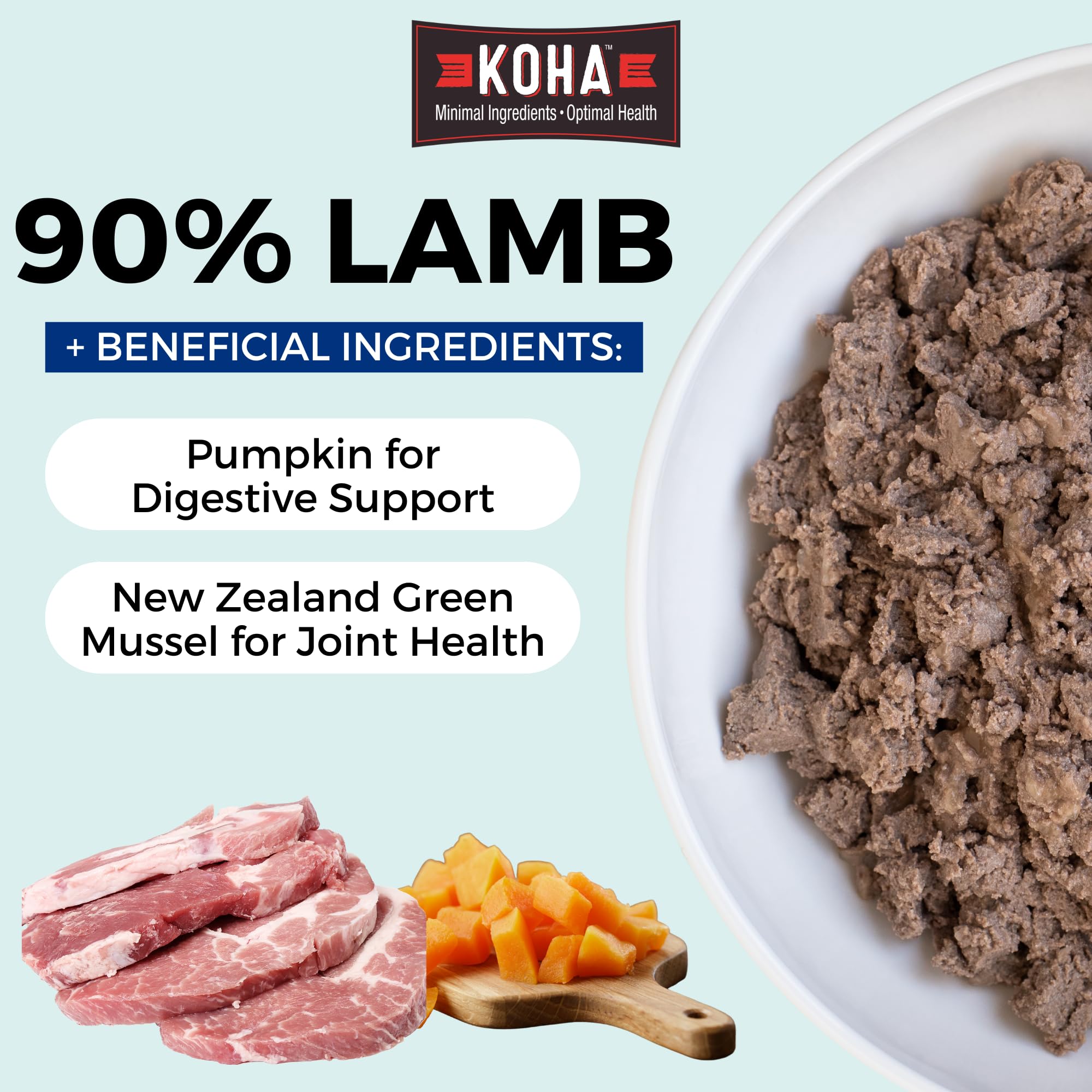 KOHA gros plan sur la texture d'agneau riche en humidité pour meilleure appétence
