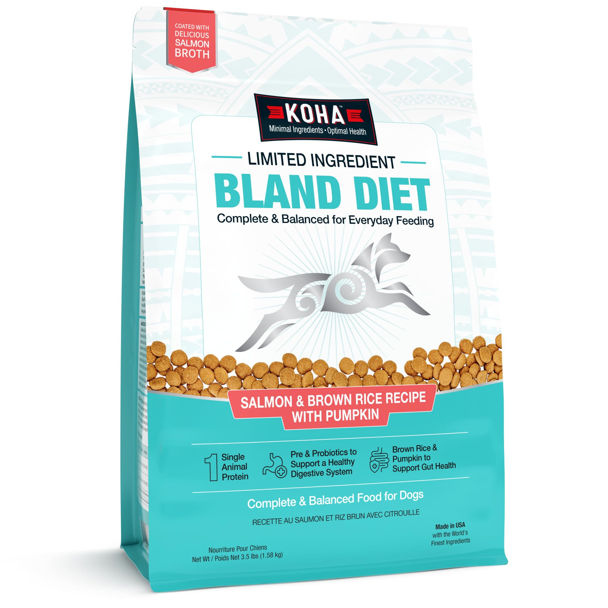 KOHA paquet avant saumon et riz montrant bouchée saine et appétente