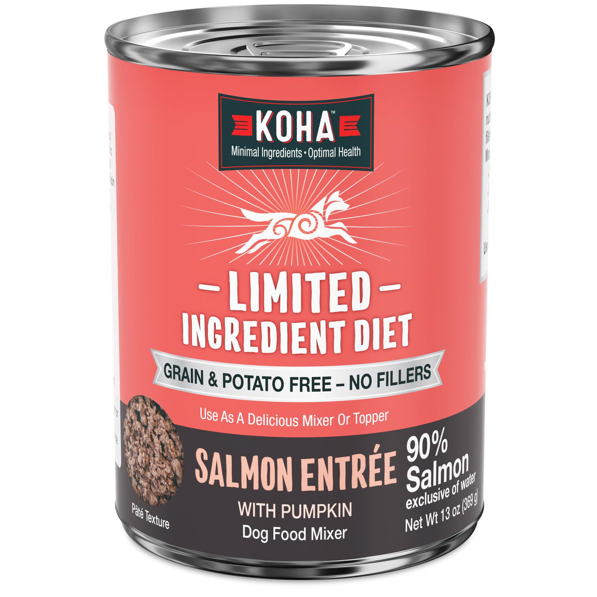 KOHA emballage avant montrant la garniture saumon et information produit bénéfice appétence