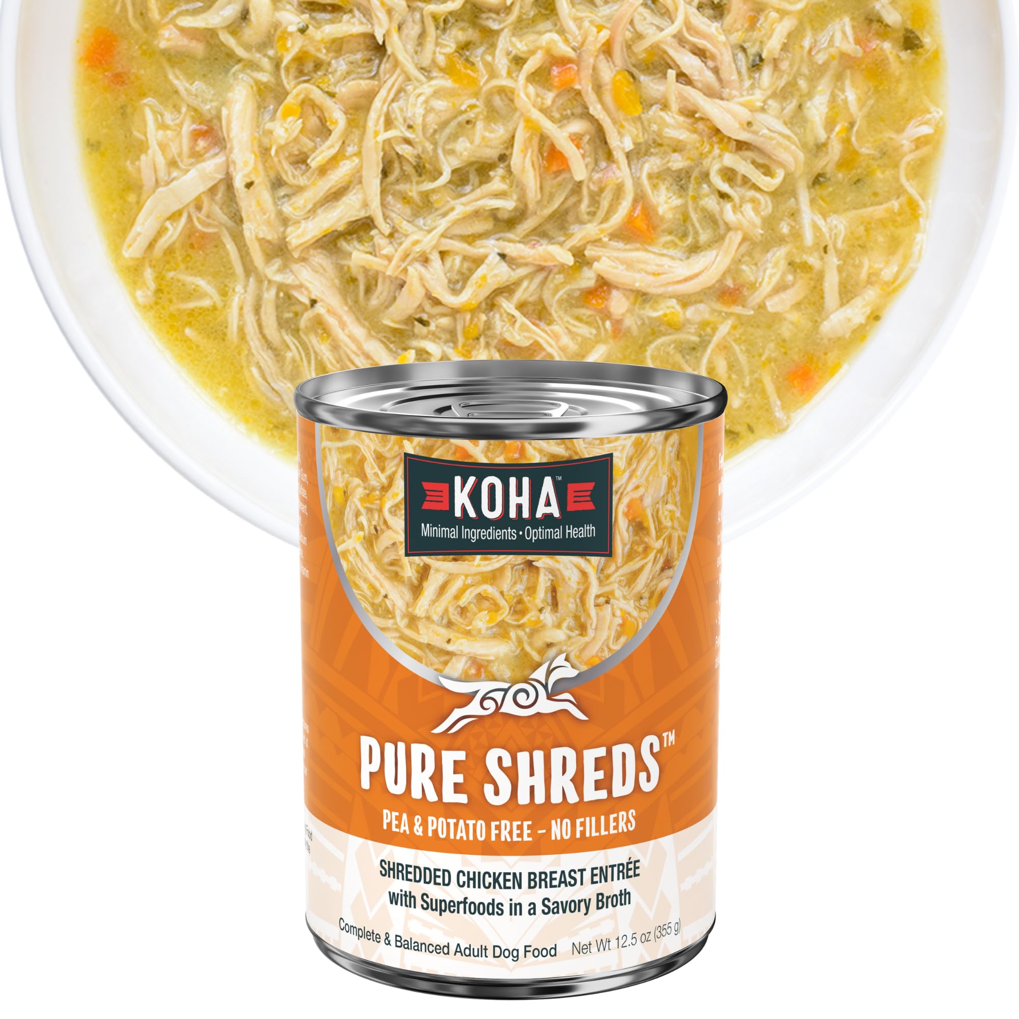 KOHA poulet effiloché avant boîte montrant emballage attrayant et informations