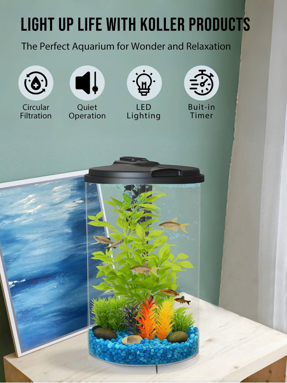 Koller Products éclairage LED allumé montrant sept couleurs ambiance modulable