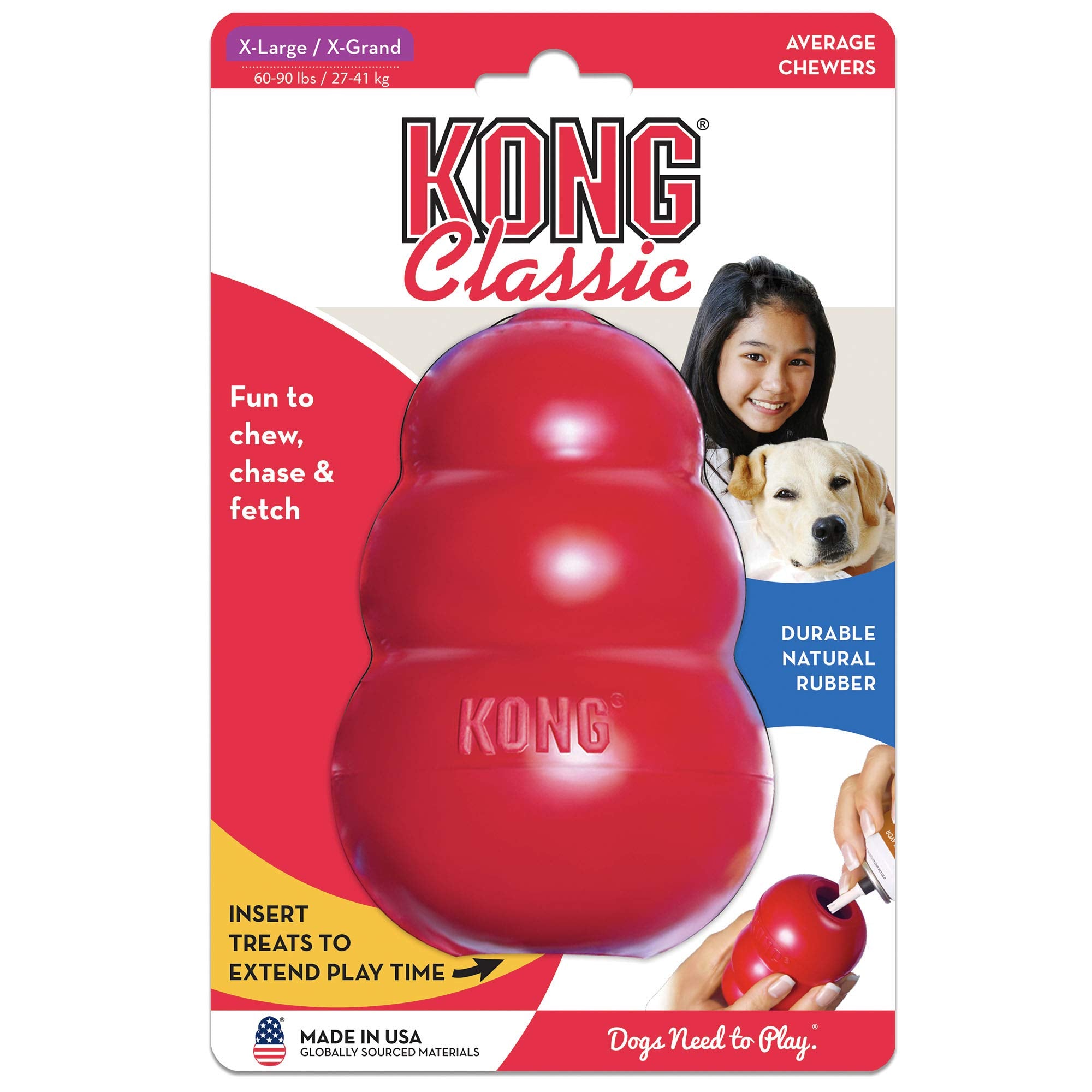 Gros plan du logo KONG sur le jouet soulignant qualité et fabrication US