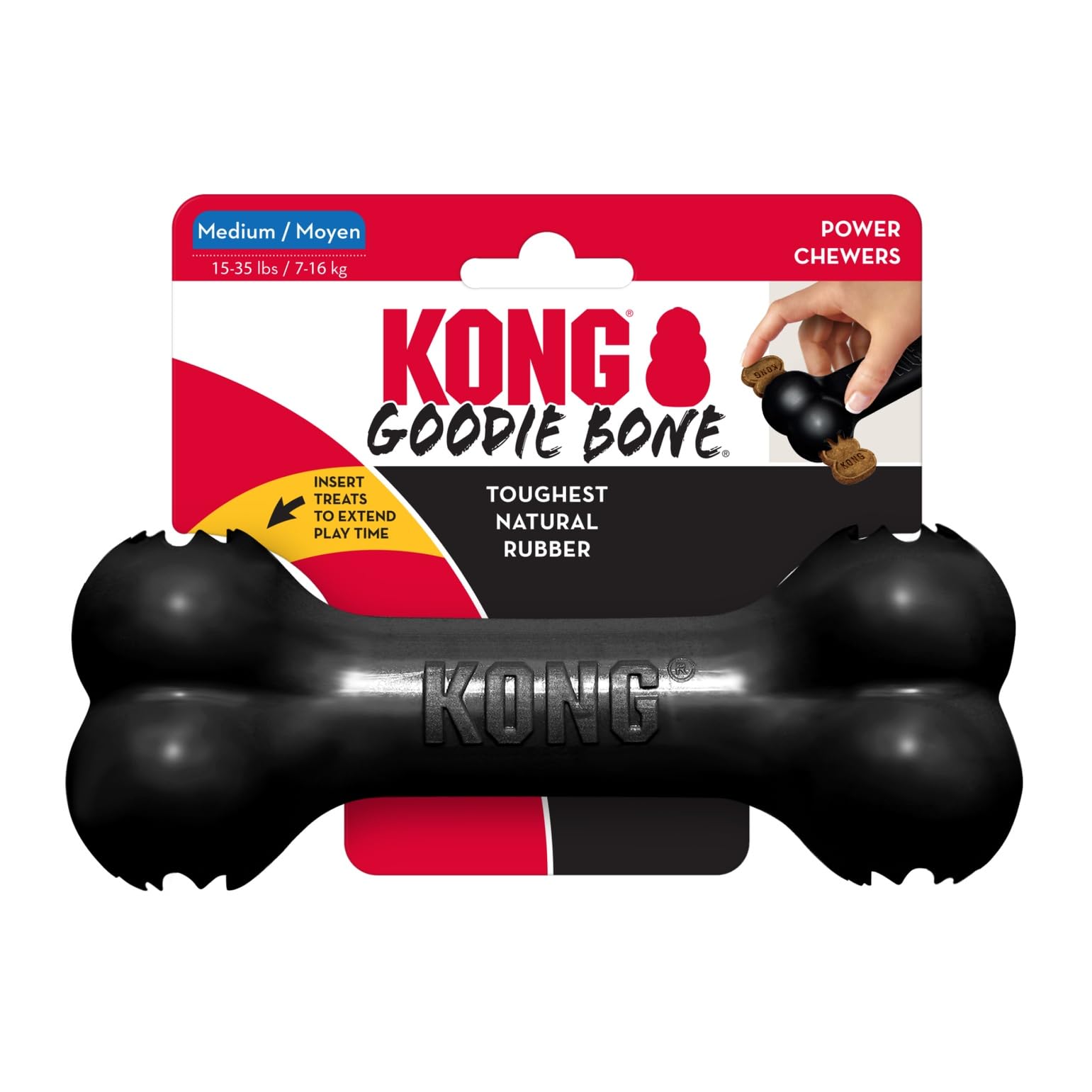 KONG Extreme Goodie Bone posé sur règle montrant concept de durabilité