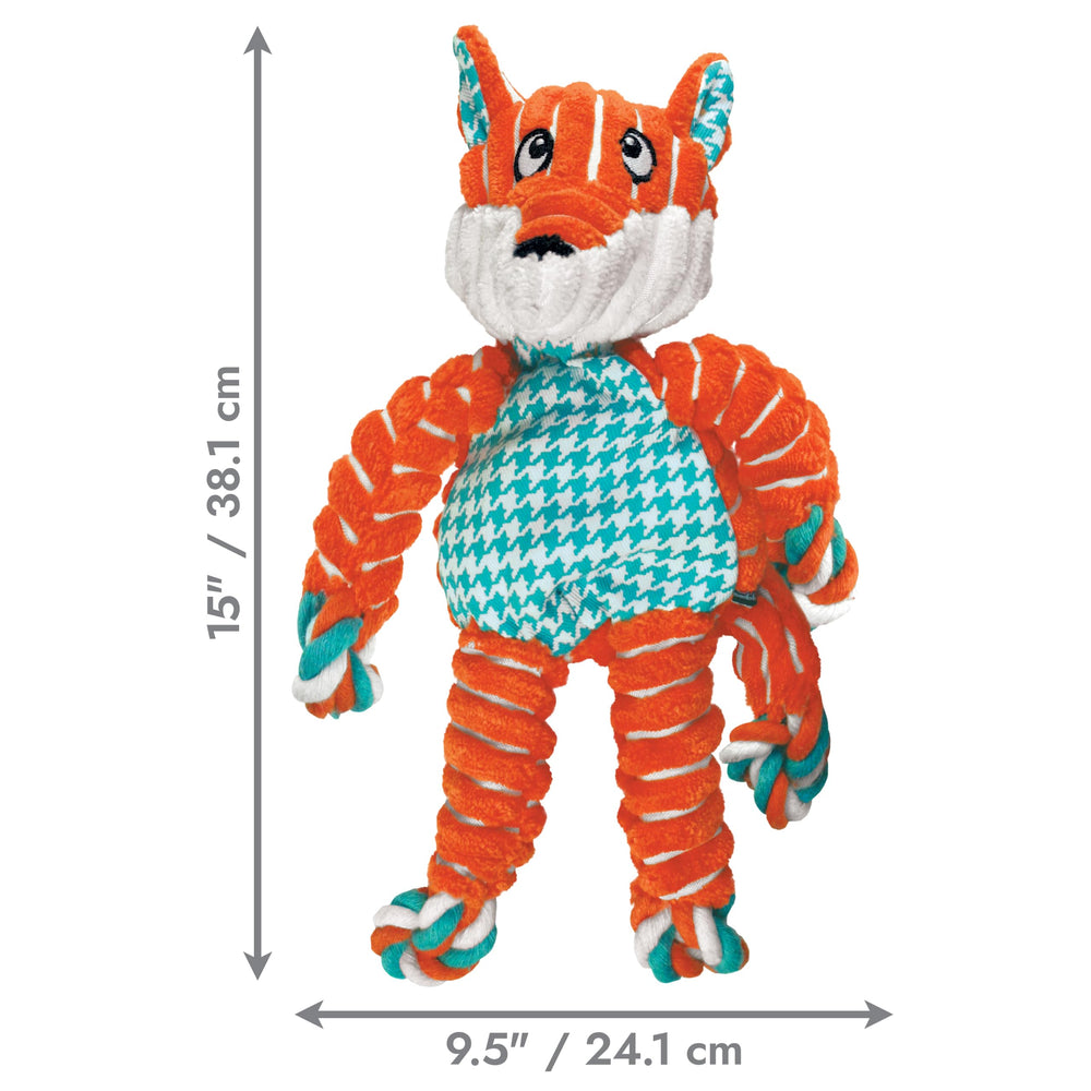 Étiquette KONG sur Floppy Knots Fox montrant la qualité et les instructions d’entretien