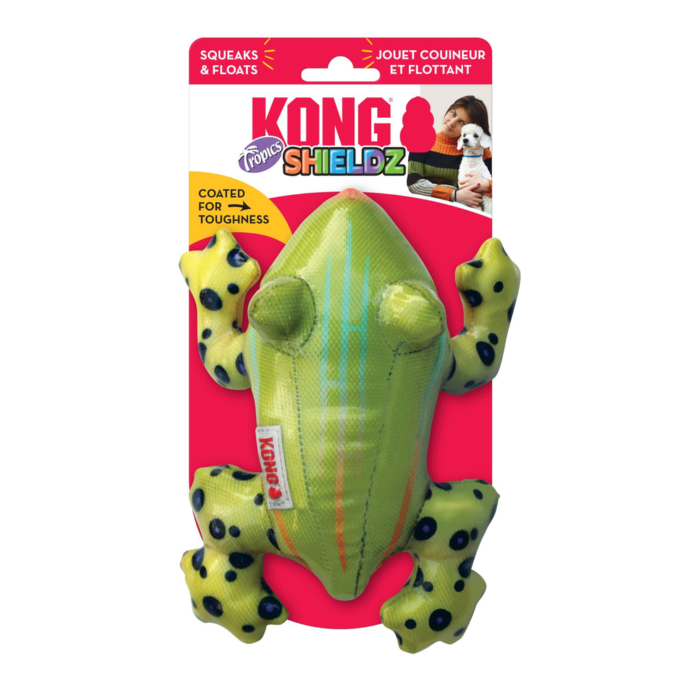 KONG chien joue à l'extérieur avec grenouille offrant stimulation et mouvement