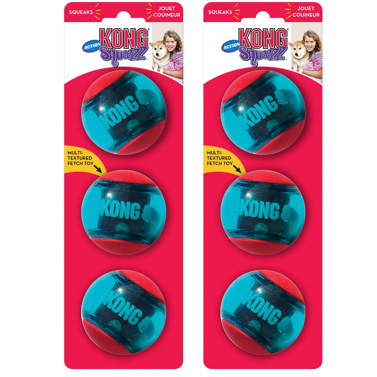 KONG Squeezz Action Ball pack avant montrant lot de six, pratique pour remplacer
