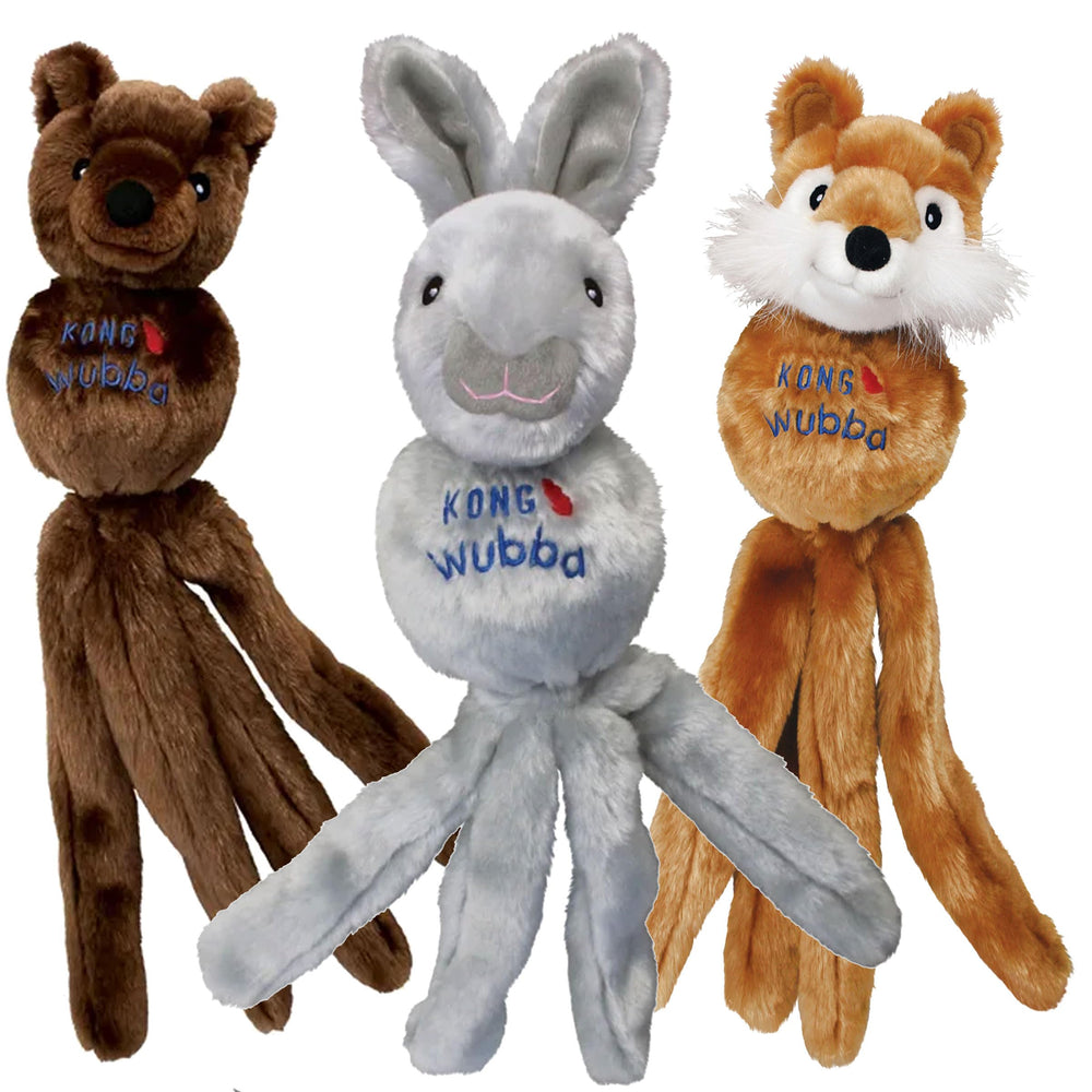 KONG Wubba front paquet montrant les trois personnages et l’emballage pratique