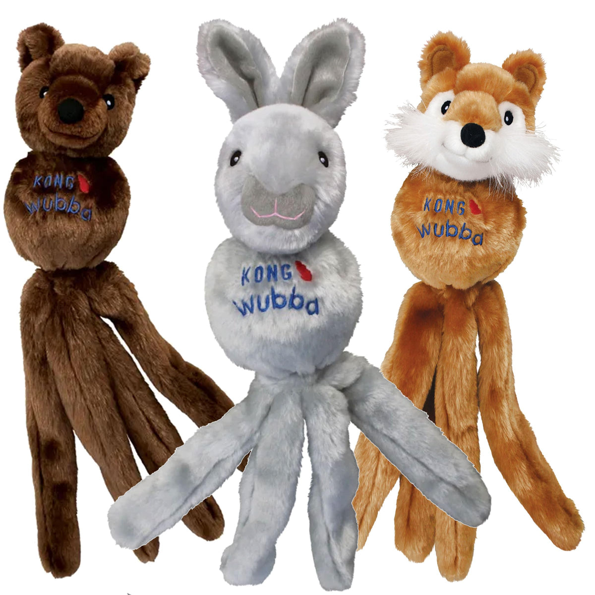 KONG Wubba front paquet montrant les trois personnages et l’emballage pratique