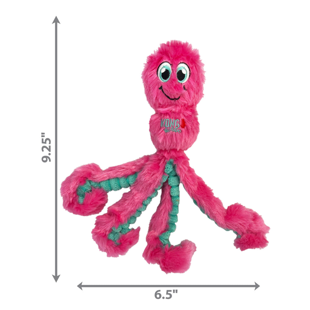 Gros plan du couineur dans le KONG Wubba Octopus stimulant le jeu