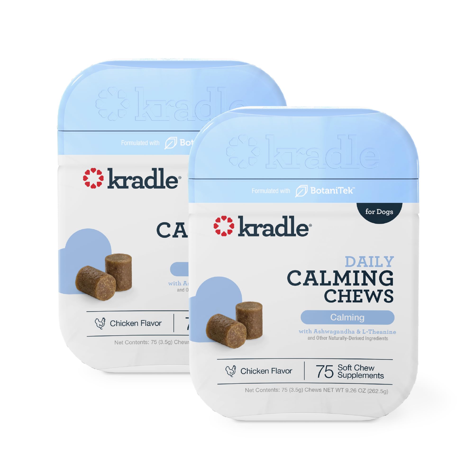 Kradle emballage avant montrant 150 chews et bénéfice routine calme