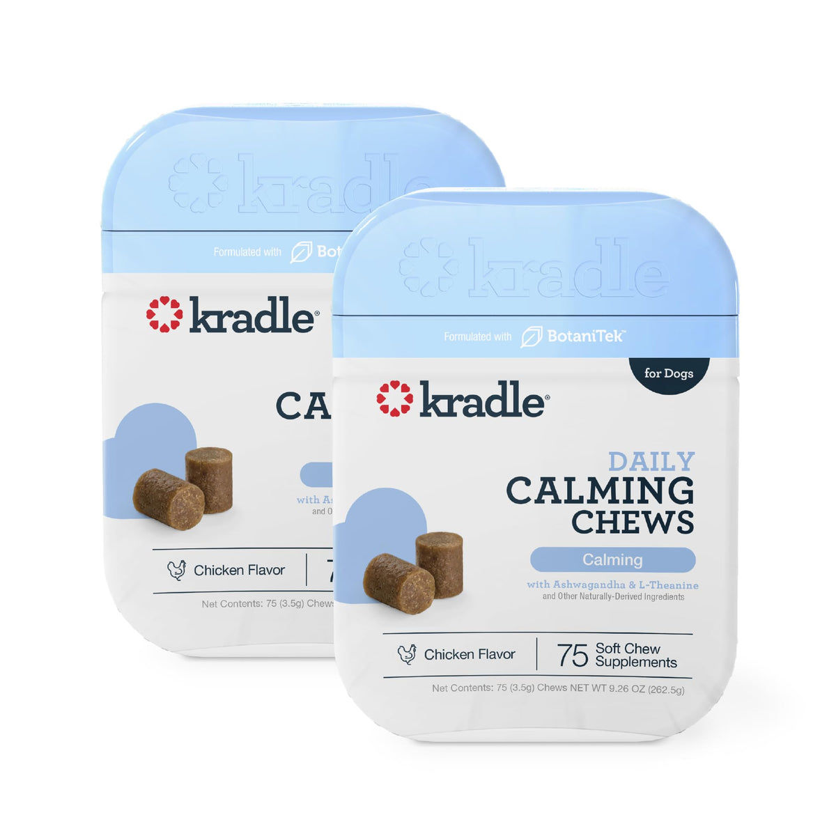 Kradle emballage avant montrant 150 chews et bénéfice routine calme