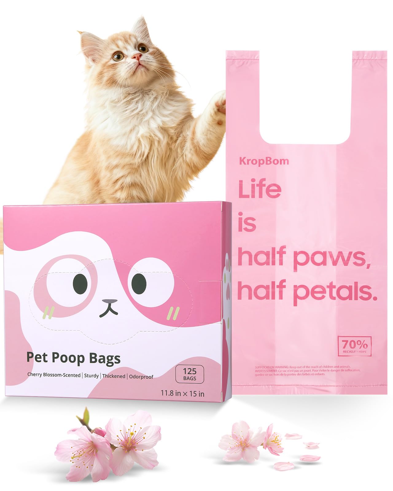 KropBom emballage avant montrant 125 sacs et parfum cerisier, praticité immédiate