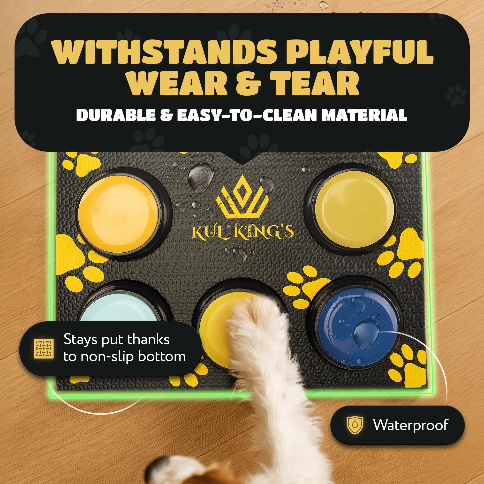 KUL KING'S boutons en action sous la patte d'un chien, interaction simple et efficace