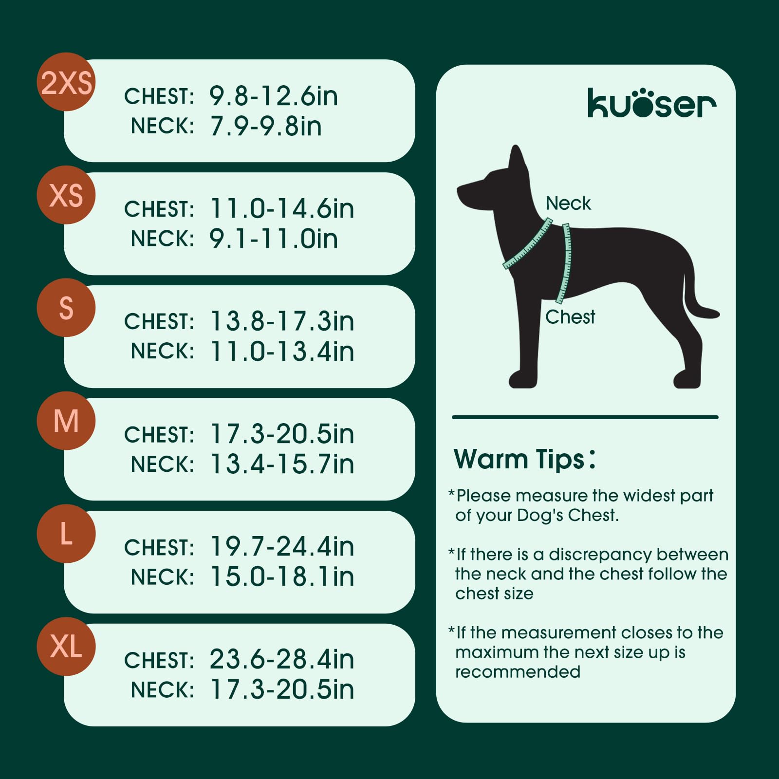 Kuoser guide des tailles avec mesure du poitrail, ajustement précis garanti