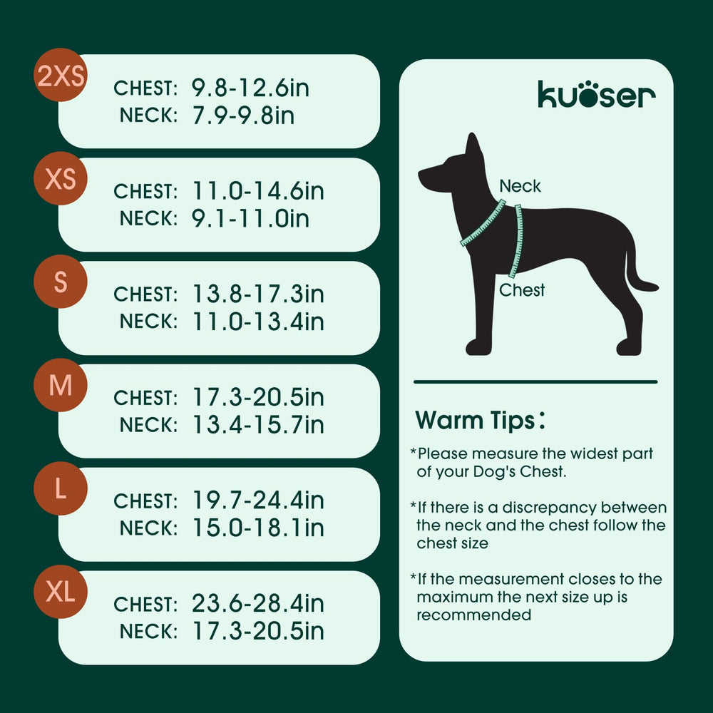Kuoser guide des tailles avec mesure du poitrail, ajustement précis garanti