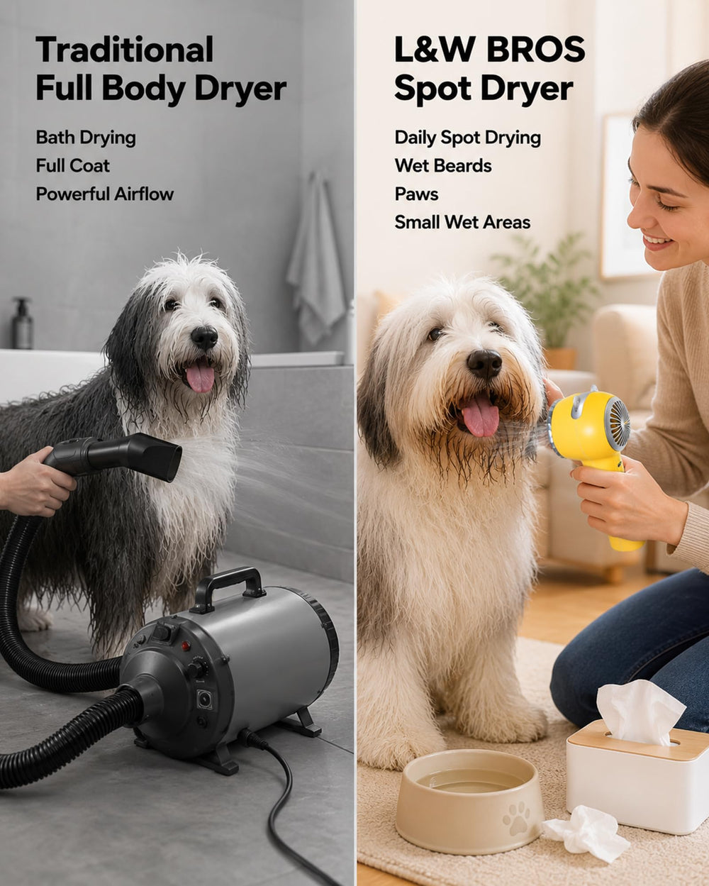 L&W BROS. sèche la patte d'un chien, évite empreintes mouillées à la maison