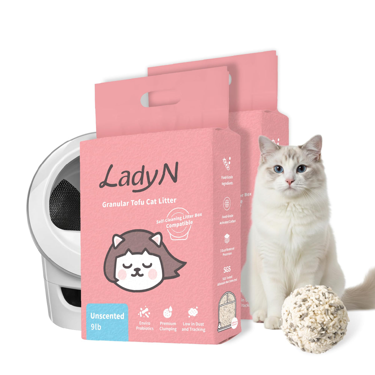 Lady N emballage avant 18lb montrant la litière tofu, facilite la reconnaissance produit
