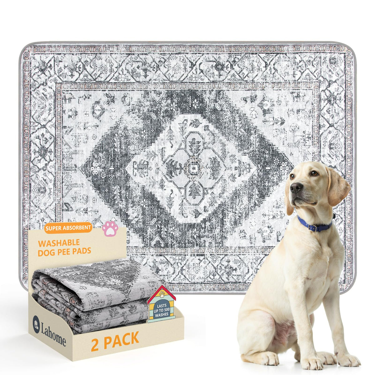 Lahome emballage avant montrant lot de deux tapis et dimensions, protection durable
