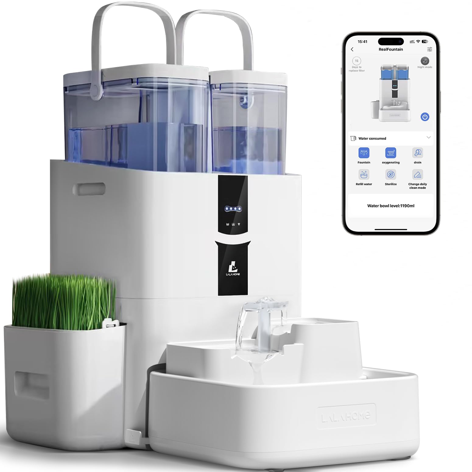 LALAHOME vue avant compacte montrant la fontaine et bénéfice autonomie