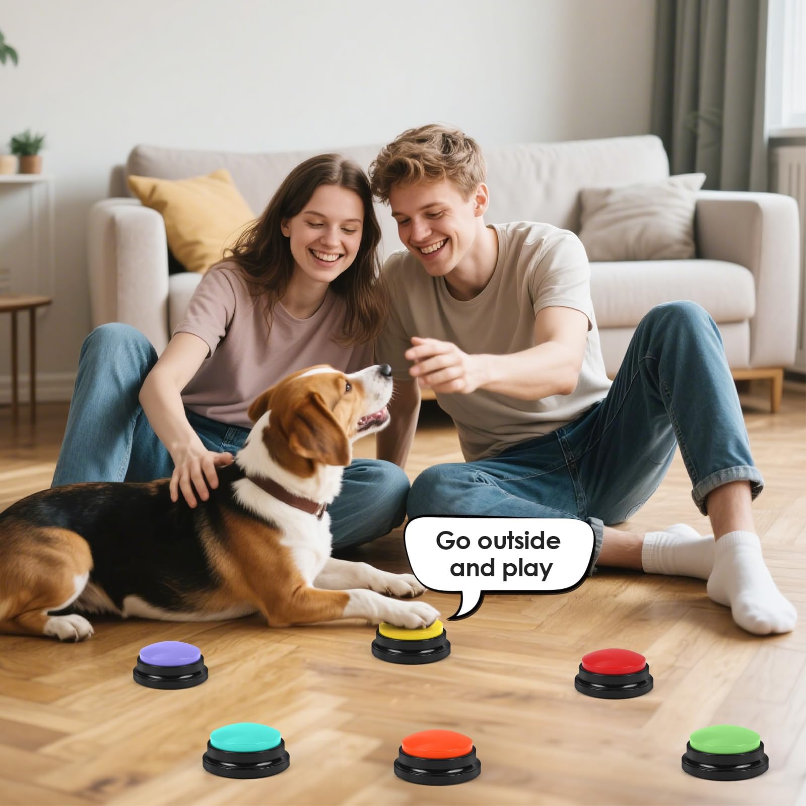 lazycozy scène de vie au salon famille utilisant boutons pour interactions quotidiennes