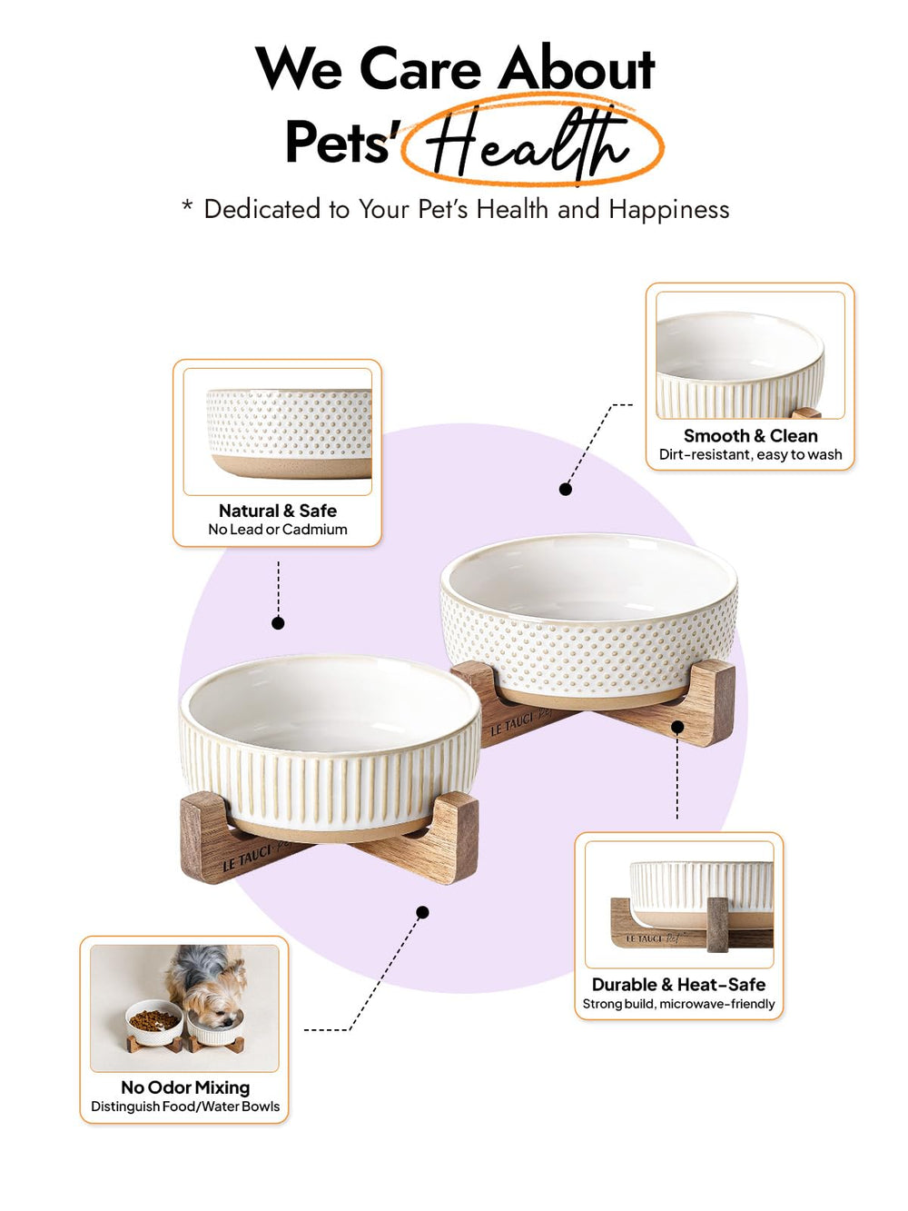 LE TAUCI PET texture céramique détail lisse, hygiène et facilité de nettoyage