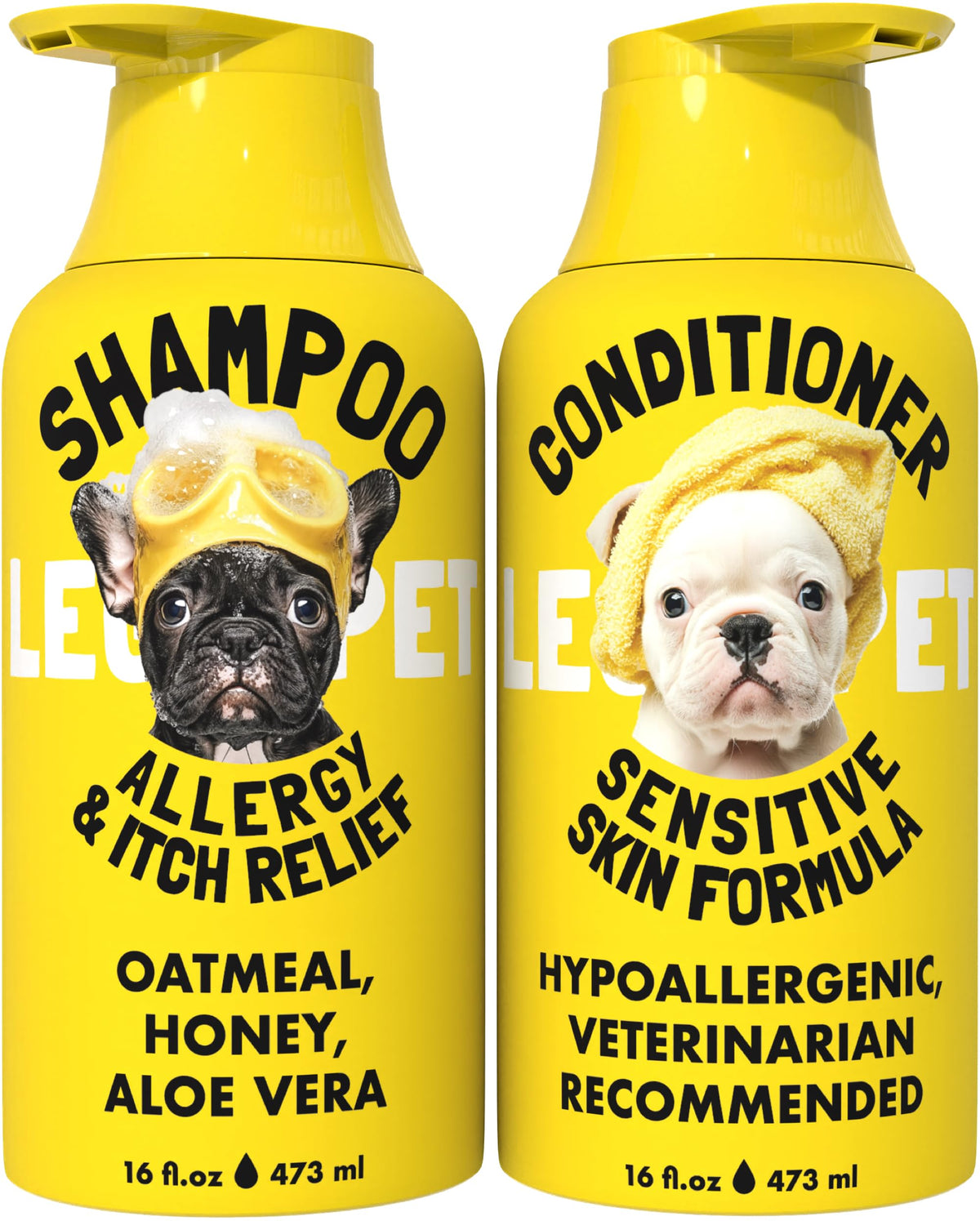 LEGITPET duo de flacons montrant le shampoing et l'après‑shampoing apaisants
