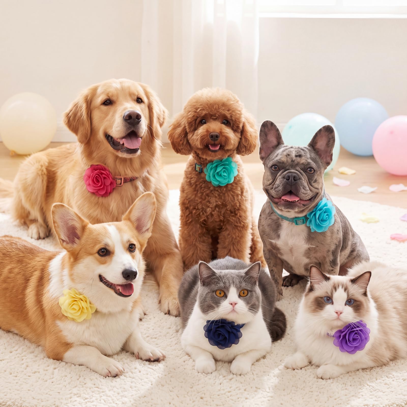 Fleur Leinuosen fixée sur le collier d'un chien apportant une touche photo