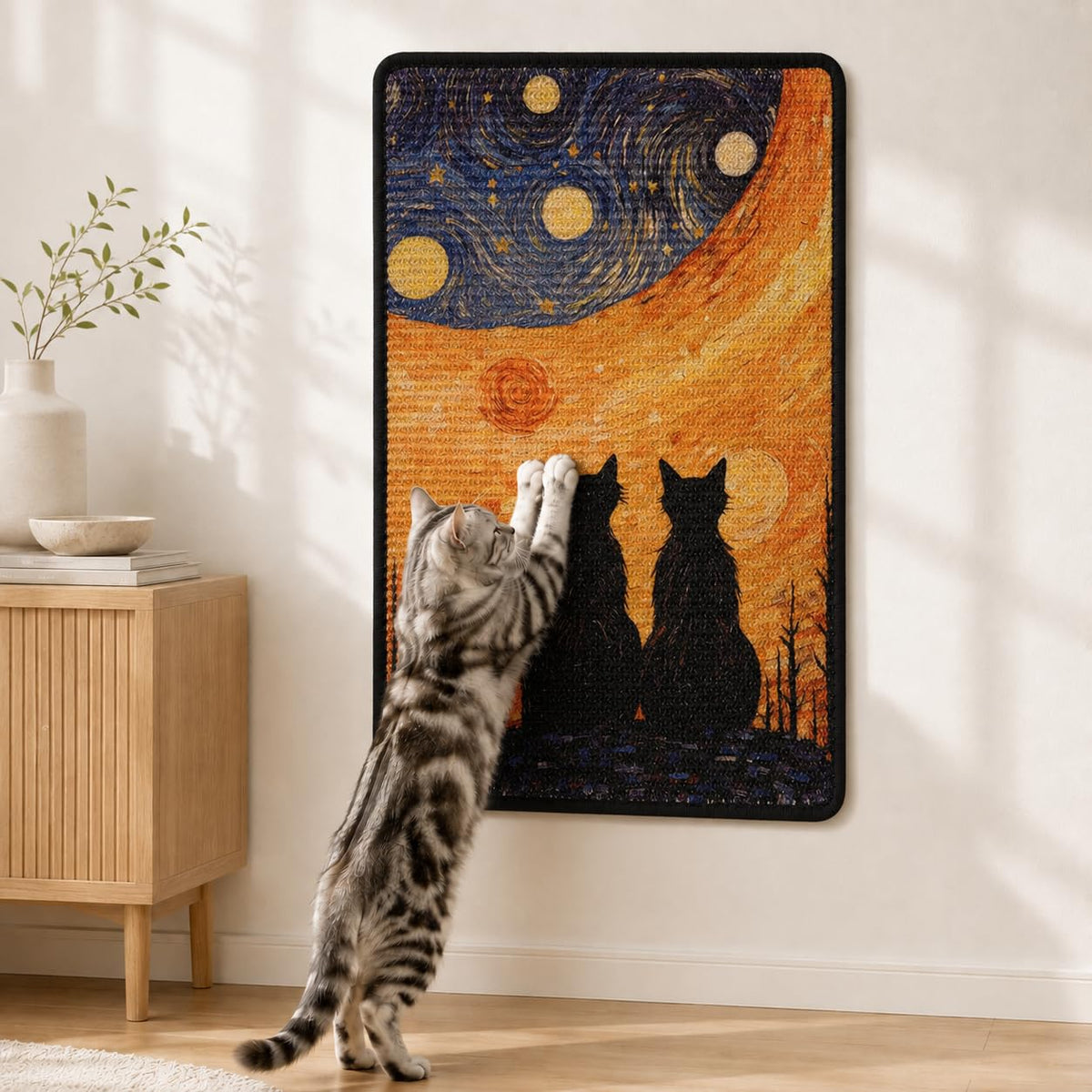 lesissmer vue frontale du tapis griffoir, protège meubles élégamment
