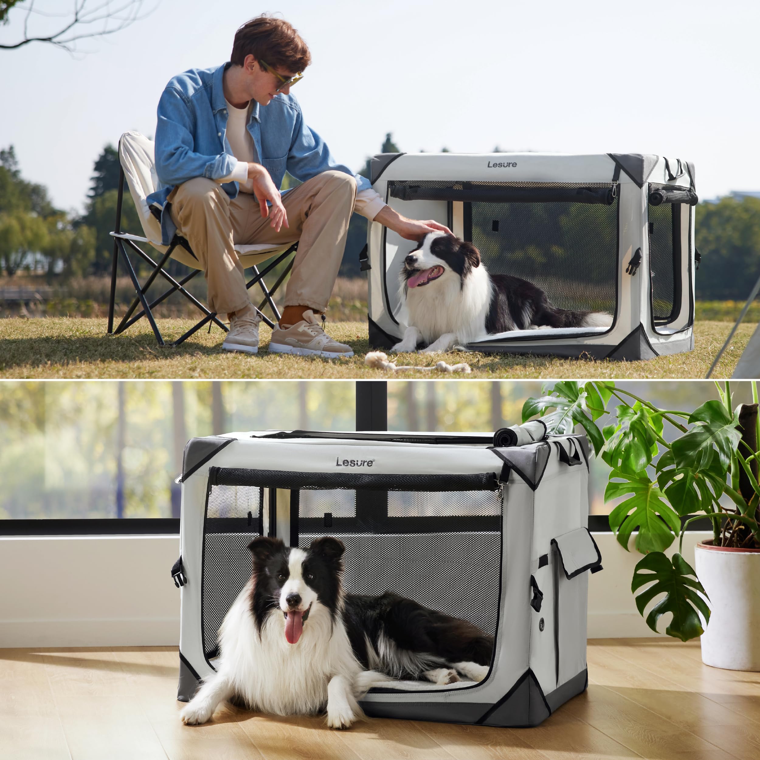 LE SURE cage installée en camping confort et mobilité pour chien