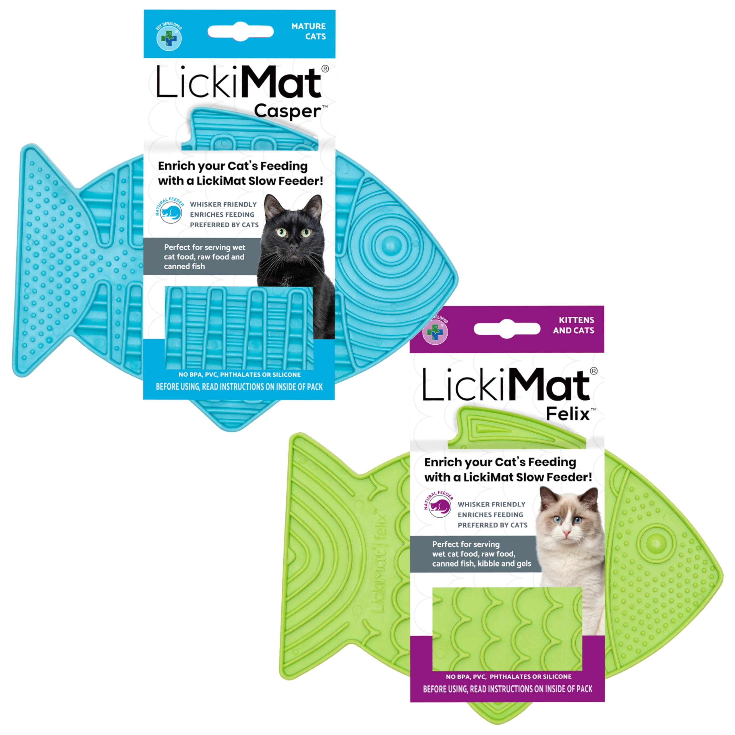 LICKIMAT Casper & Felix vue face montrant la forme poisson et l’intérêt visuel