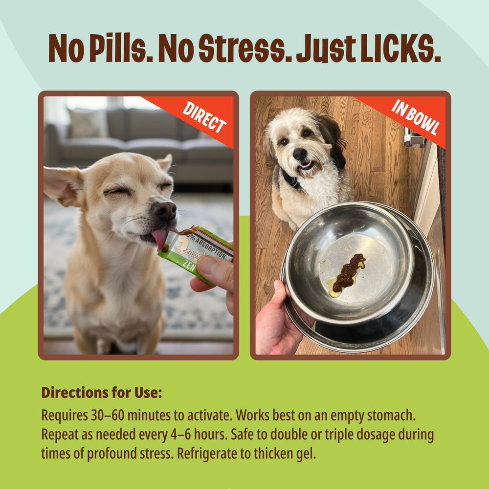 Licks Zen comparaison de taille montrant sachet à côté d’une patte pour échelle