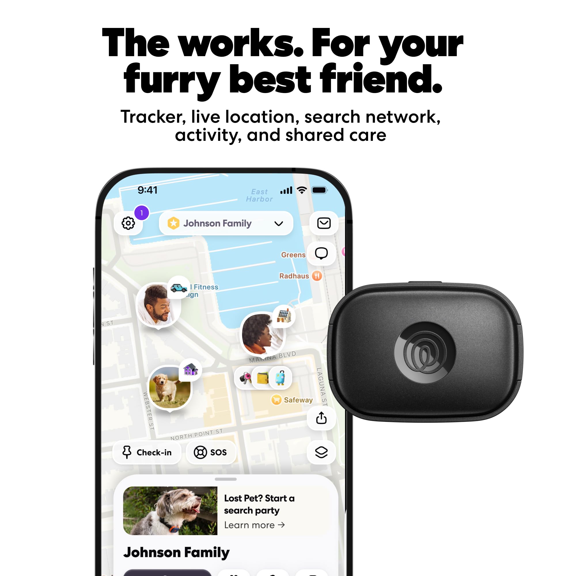 Life360 gros plan sur le traceur montrant finition et robustesse