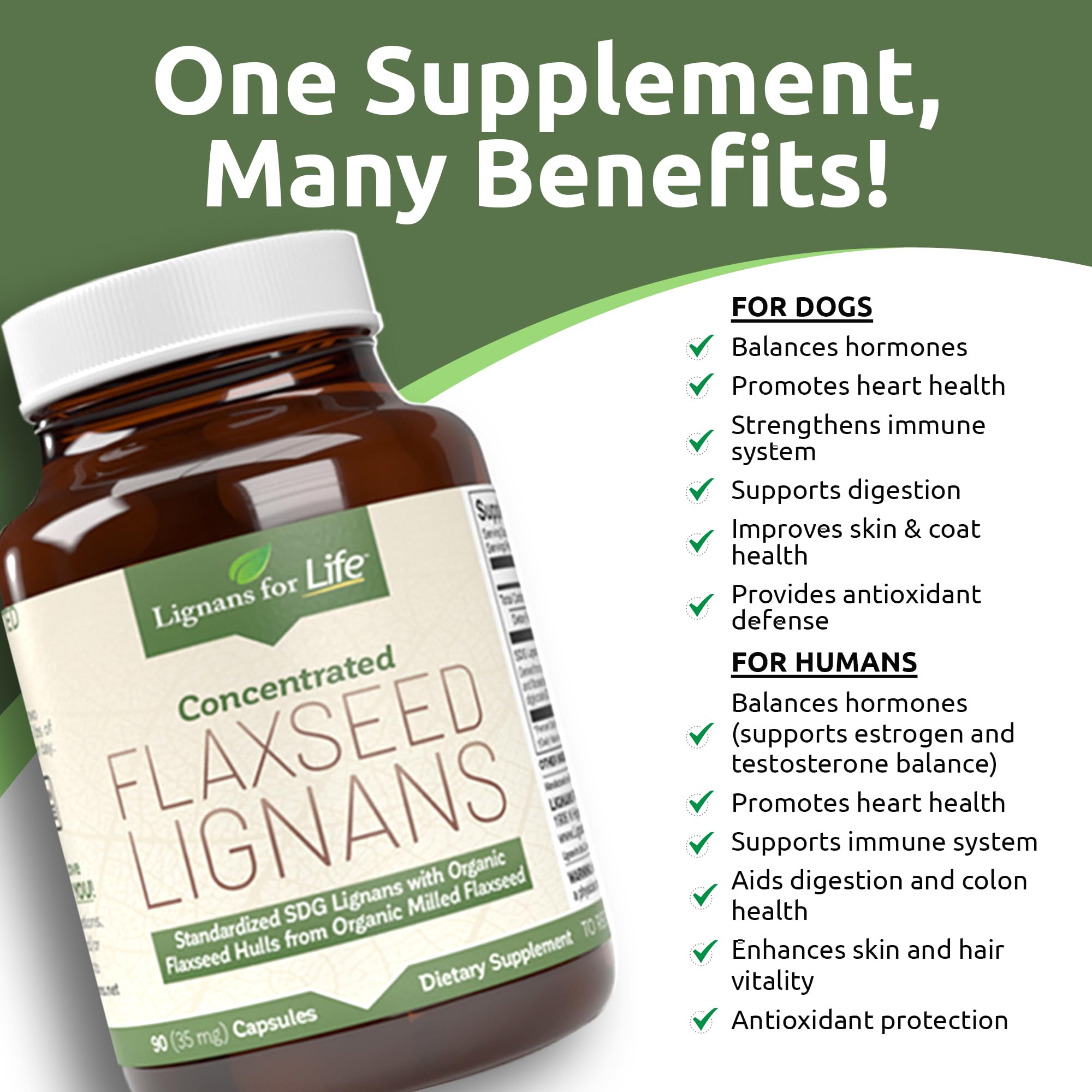 Lignans For Life étiquette lisible détaillant 35 mg de SDG par gélule