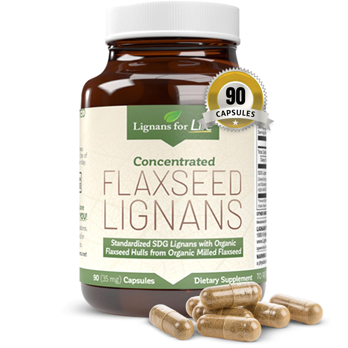 Lignans For Life flacon avant montrant l'emballage et les 90 gélules bénéfice pratique