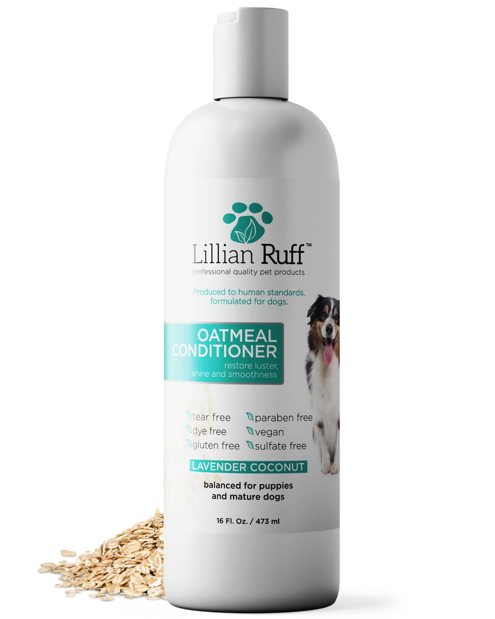 Lillian Ruff conditionneur façade de la bouteille montrant l'étiquette et le format 16oz bénéfice hydratation