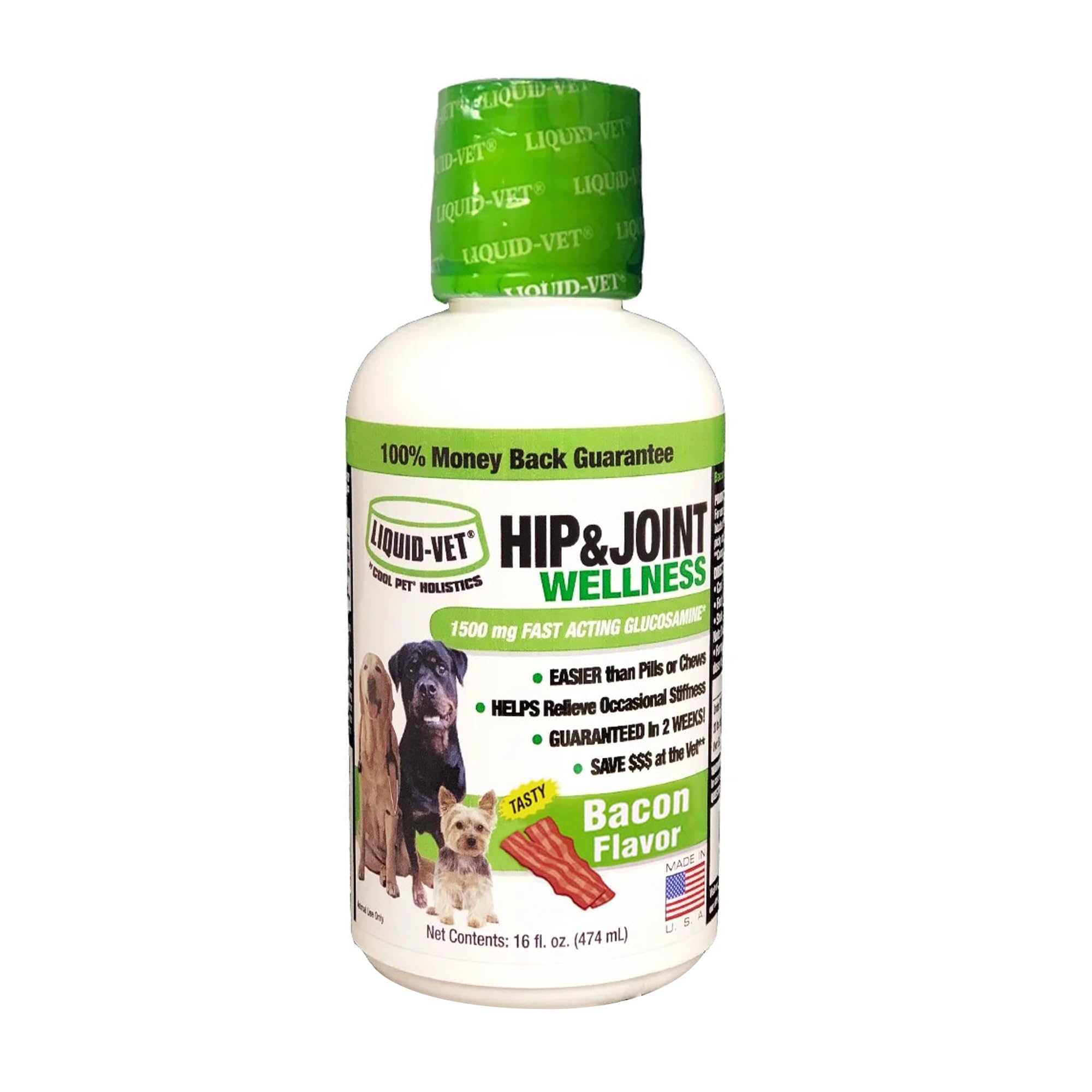 LIQUID-VET flacon avant 16oz montrant packaging bacon et facilité d'utilisation