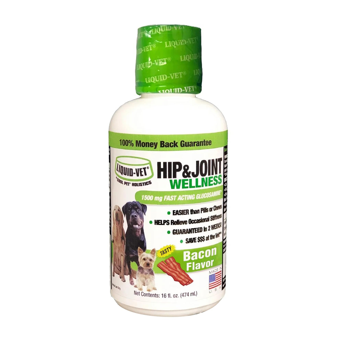 LIQUID-VET flacon avant 16oz montrant packaging bacon et facilité d'utilisation