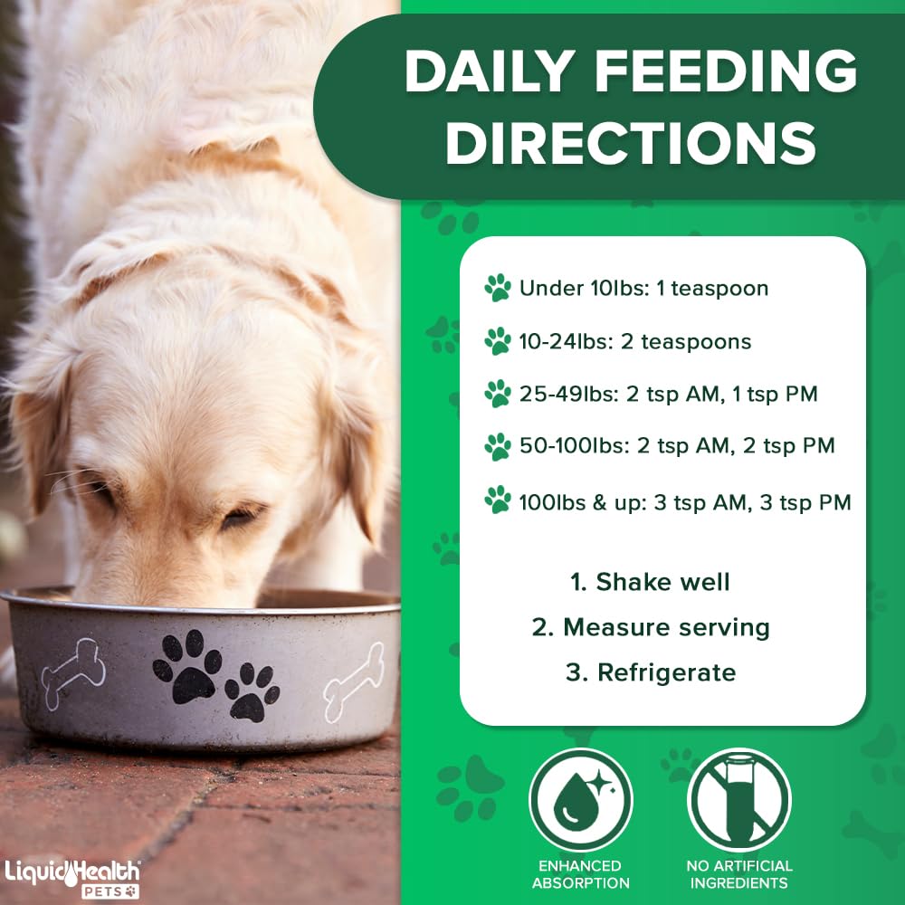 LIQUIDHEALTH bouteille à côté d'un chien pour échelle et portion pratique