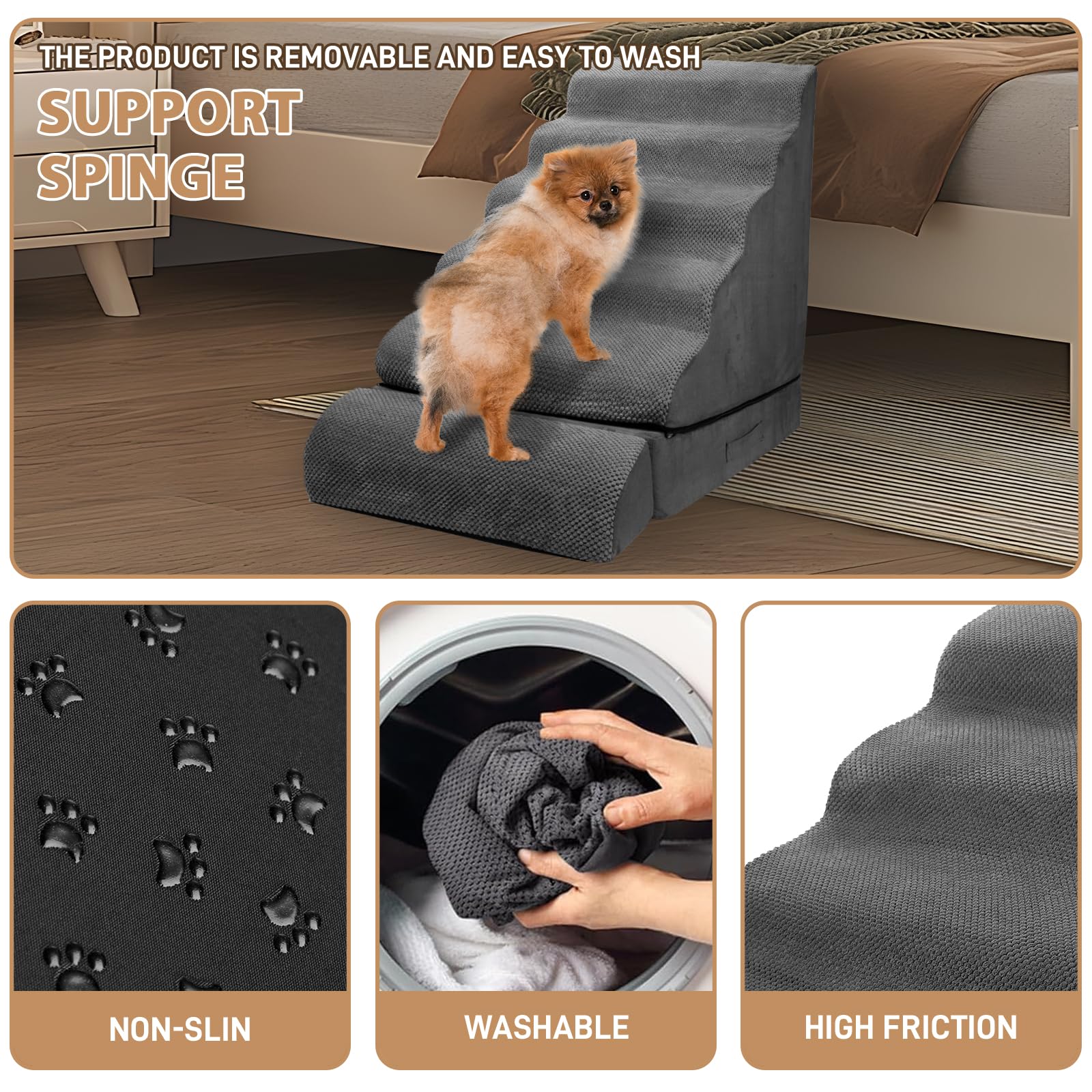 LitaiL mise en scène salon avec chien utilisant l’escalier, esthétique domestique