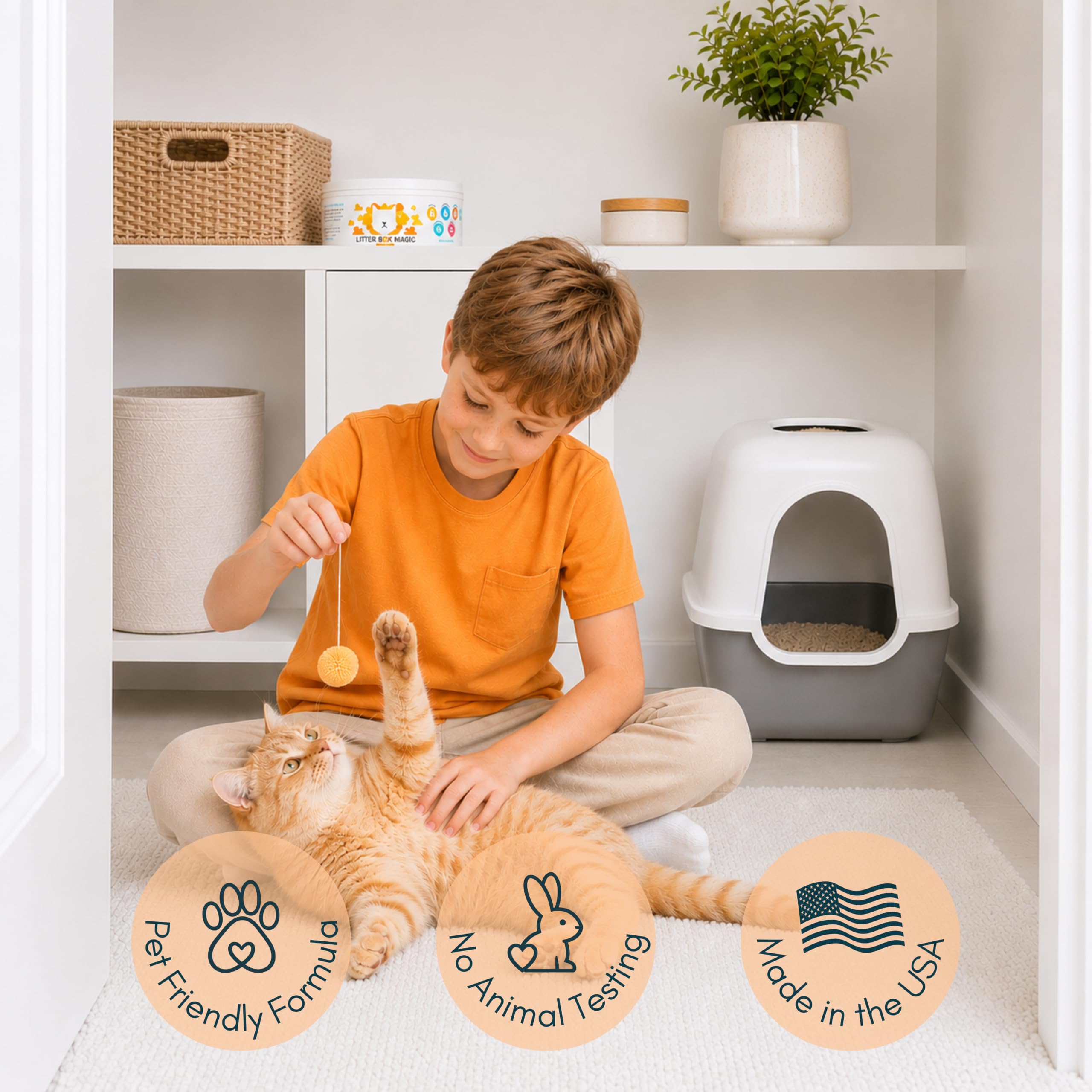 Litter Box Magic étiquette lisible avec instructions, utilité et sécurité claires