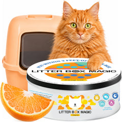 Litter Box Magic face du pot montrant étiquette et parfum orange, rafraîchit pièce