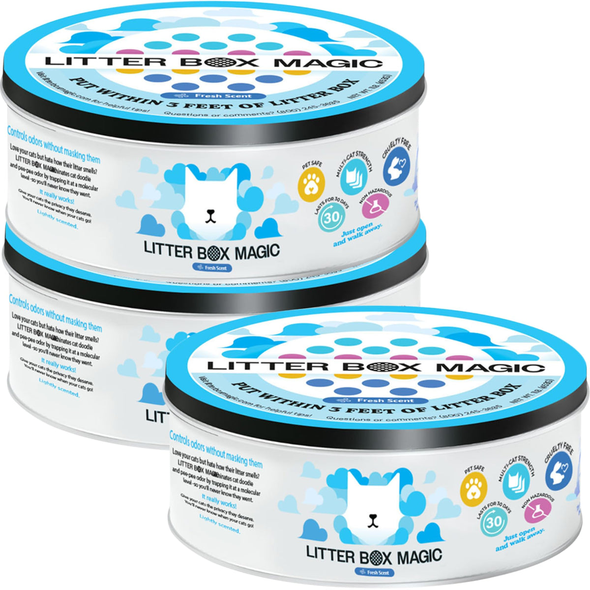 Litter Box Magic pot avant montrant l'emballage et promesse de fraîcheur