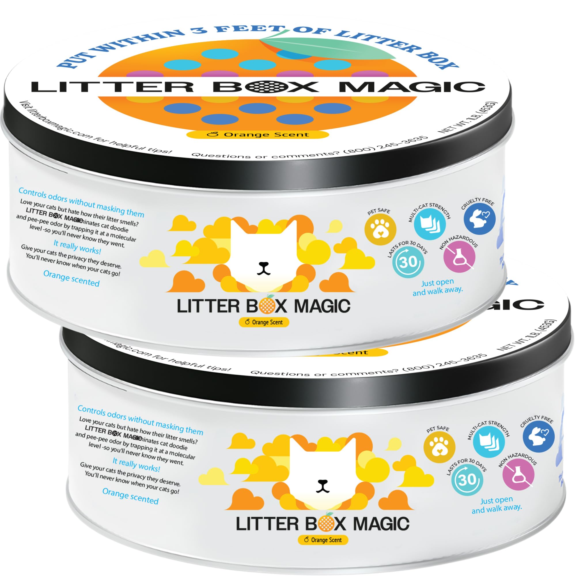 Litter Box Magic pots face avant montrant emballage et parfum orange bénéfice fraîcheur