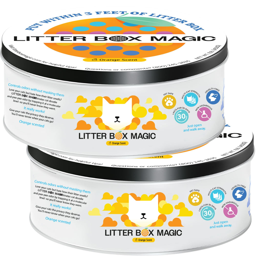 Litter Box Magic pots face avant montrant emballage et parfum orange bénéfice fraîcheur