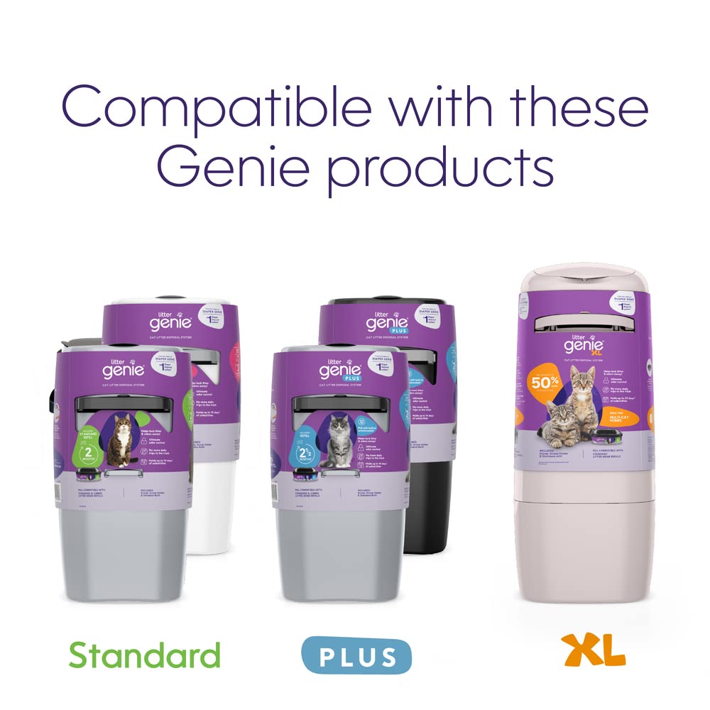 Litter Genie étiquette et détails sur la cartouche précisant compatibilité et usage